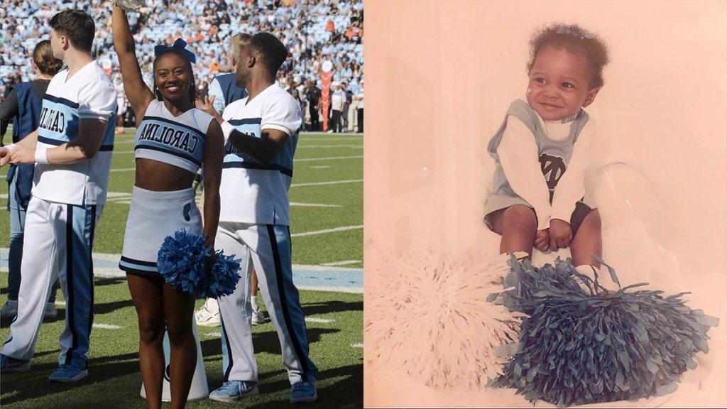 Brooklyn Rushing collage image of her wearing a cheerleader outfit as a toddler next to her in full cheerleader regalia at UNC football stadium.