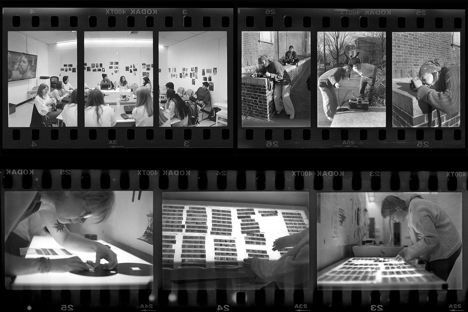 Five-photo collage of students photographing or analyzing photos in a course on film photography at UNC-Chapel Hill.