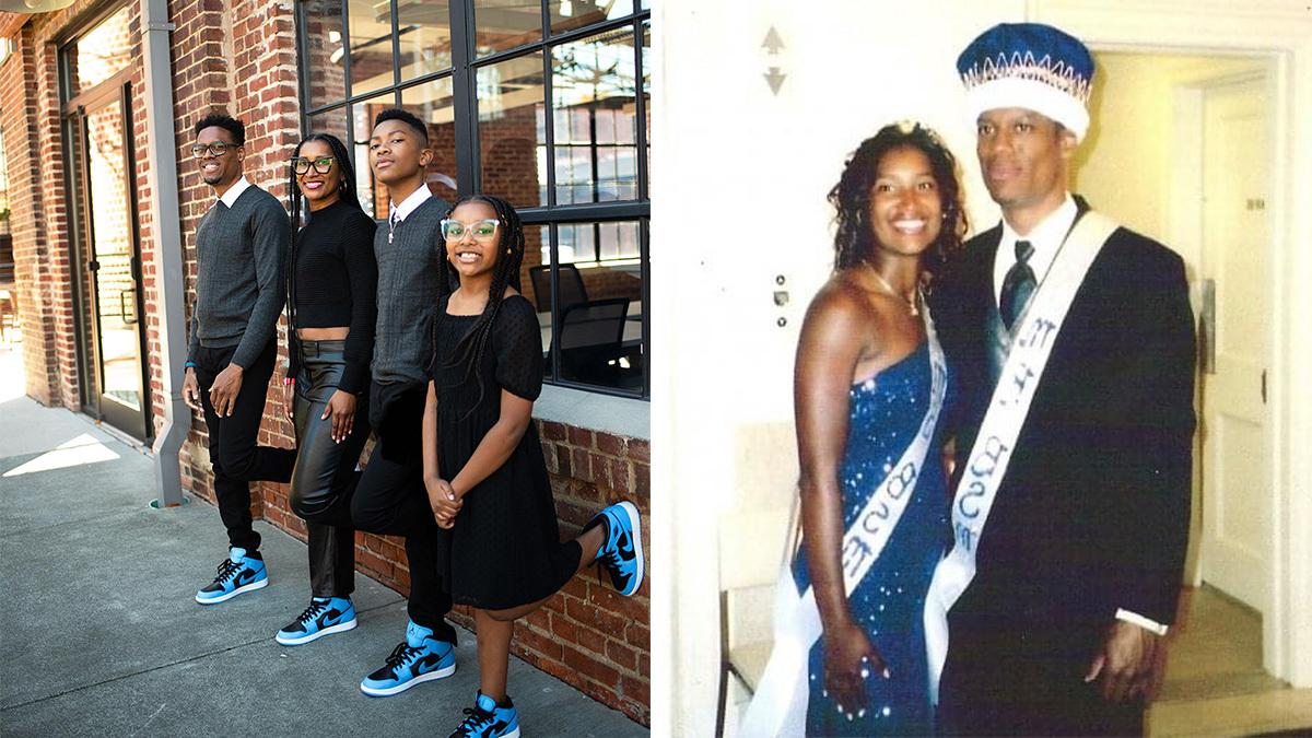 Kelvin and Ronda Bullock as high schoolers next to a photo of them with their children wearing Jordans